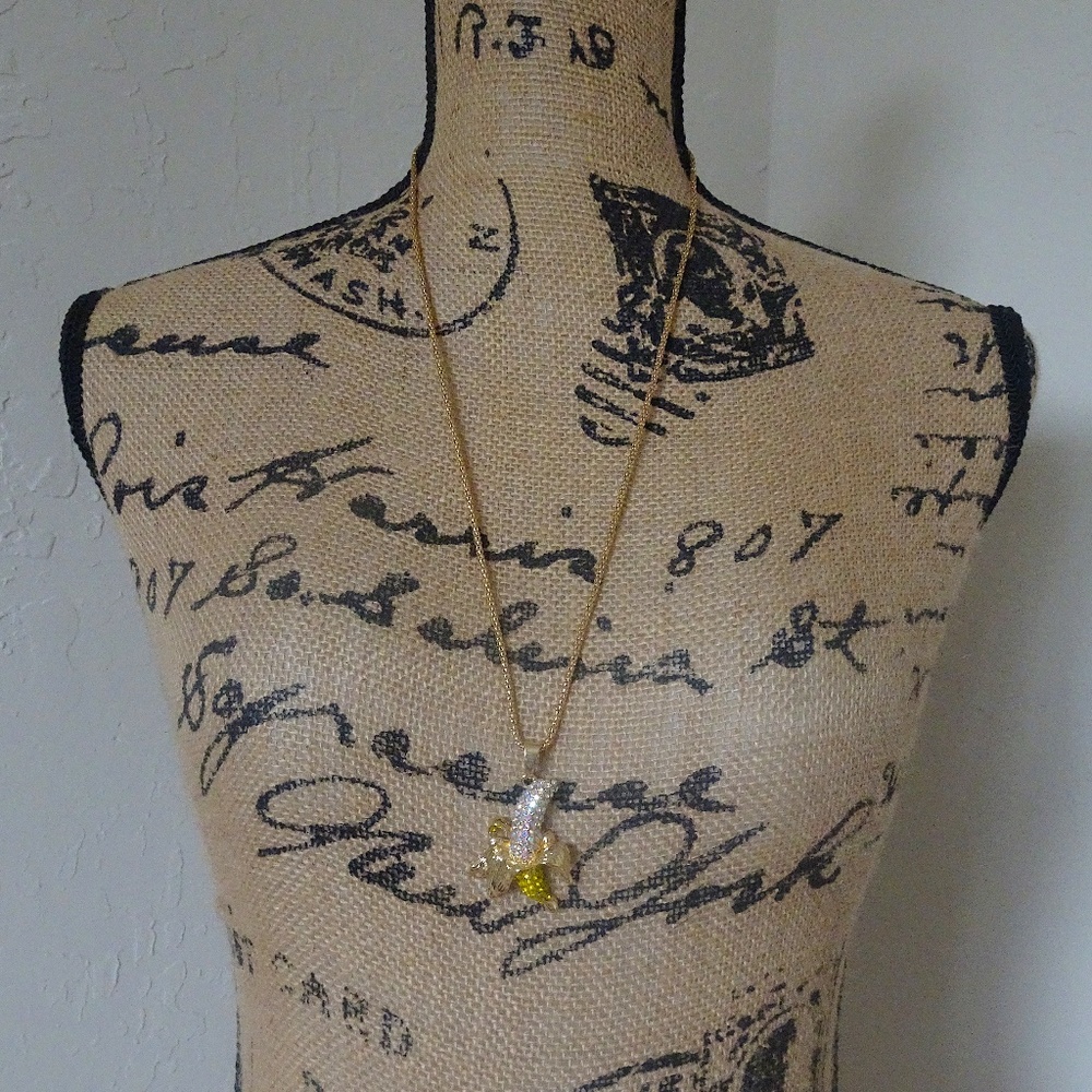 Iridescent Yellow Jewel Tropical Banana Long Summer Statement Necklace - Picture 7 of 8